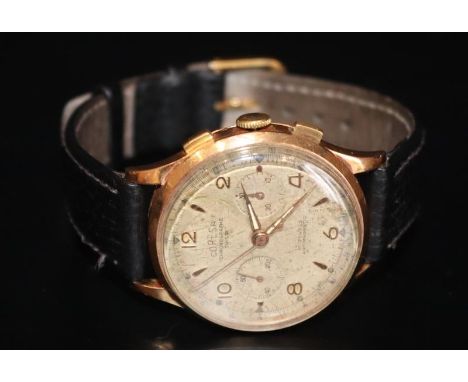 Gents 18ct Gold CORESA Chronograph, Silvered dial, outer timing tracks and two subsidiary dials, Ticking But Untested. 