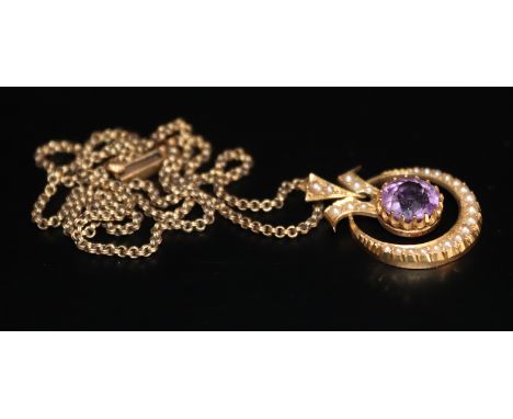 Victorian 15ct Gold Seed Pearl & Amethyst Pendant Drop, Openwork Design Set With A Central Amethyst Surround By A Ring Of Gra