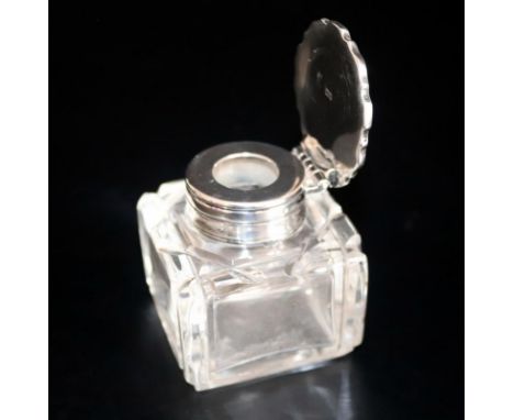 Silver Hinged Topped Cut Glass Inkwell, Pie Crust Top Fully Hallmarked For London 1905 