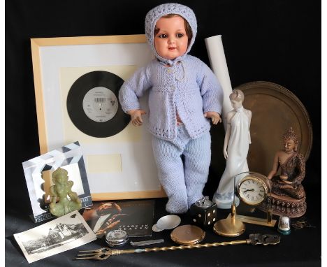 Box Of Miscellaneous To Include Military/Commonwealth Brass Trays, Deity Figure, 2 Stratton Compacts, Eric Clapton Framed Vin