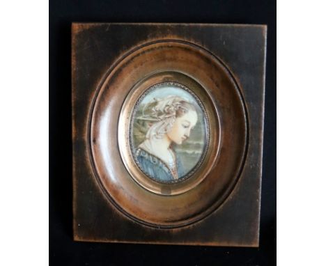 Georgian/19thC Portrait Miniature Depicting A Gothic Maiden, Appears Unsigned, Looks To Be On Ivory, Gilt Mount In Typical Eb