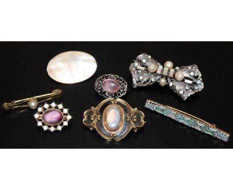 Selection Of Brooches To Include Mourning Brooch, Micro Mosaic, Paste, Mother Of Pearl Etc. 