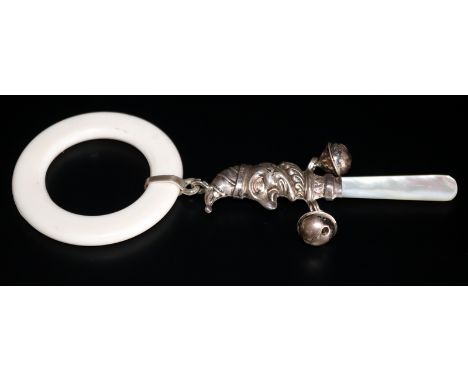 Silver Mother Of Pearl Handled Teething Ring And Rattle In The Form Of Mr Punch, Fully Hallmarked