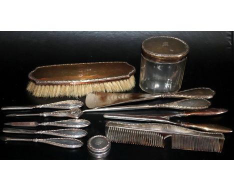 Mixed Lot Of Silver Handled/Lidded Dressing Table Items Comprising Glove Stretchers, Shoe Horns, Button Hooks, Comb, Manicure