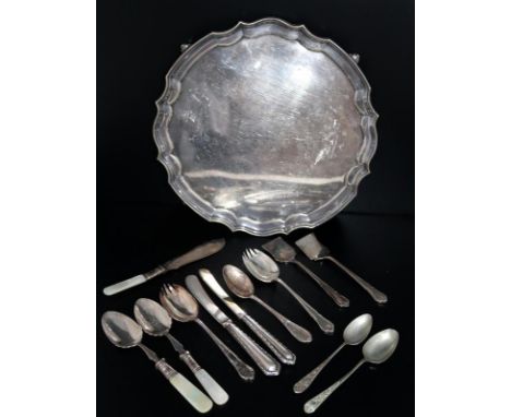 Small Quantity Of Flatware To Include 2 Silver Handled Knives, Mother Of Pearl, EPNS Etc. Together With An EPNS Salver Presen