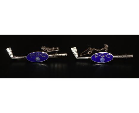 Two Silver And Enamel Pin Badges In The Form Of Golf Clubs, P.G.C, Both Fully Hallmarked, Length 2 Inches, Both With Safety C