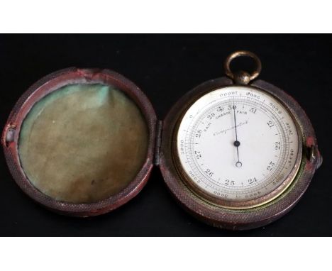 Victorian Pocket Barometer In Fitted Leather Silk Lined Case, Gilt Metal Case, Unmarked, Silvered Dial 
