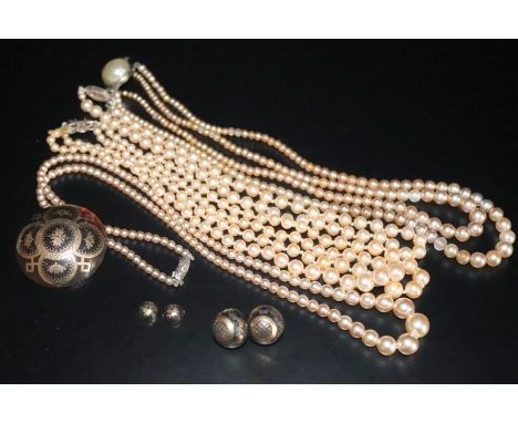 Mixed Jewellery Lot Comprising 4 Sets Of Simulated Pearl Necklaces And A Gold And Tortoiseshell Piqué Work Brooch And Earring