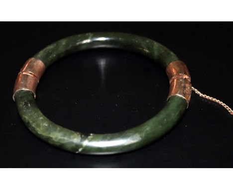 Hardstone Jadeite Hinged Bangle, With Yellow Metal Mounts.