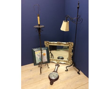 2 wrought iron standard lamps, a barometer, a decorative mirror, a picture of flowers & a box of vinyl records
