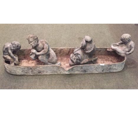 Antique lead planter with figural frieze, a lead figure of Satyr & a lead dolphin fountain head (3)