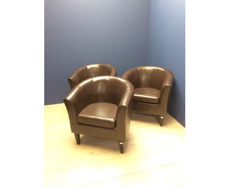Set of 3 contemporary brown leatherette tub armchairs & a set of 6 mahogany & button back side chairs