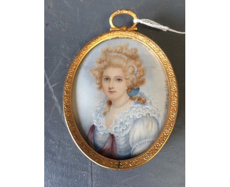 C19th School, portrait miniature of a 'Lady wearing blue dress', indistinctly signed & dated '1846'