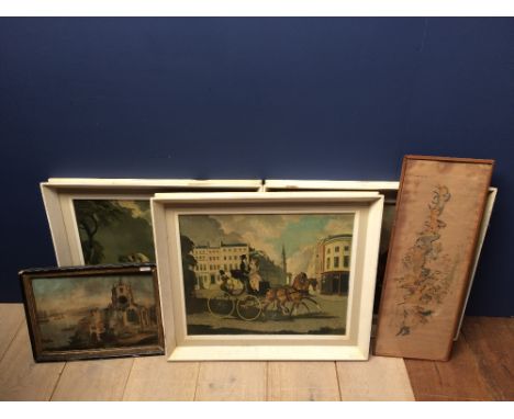 C19th Continental School, a 'Clock' & 'Windmill' oil with buildings & harbour together with 3 equestrian prints & Oriental pr
