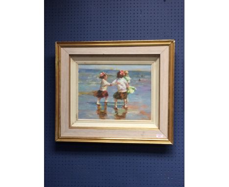Impressionist style oil painting portrait of Children playing at the seaside, 30x39cm