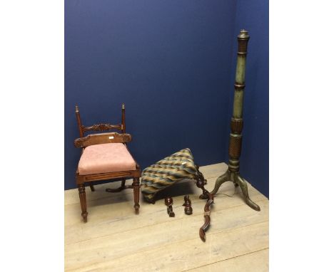 George III green lacquered mahogany tripod torchere, 137cmH, wired as a lamp; Queen Anne style upholstered oblong stool on tu