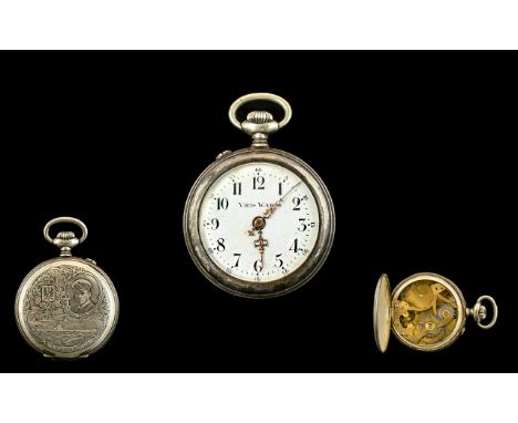 Virus - Gunmetal Swiss Made Open Faced Pocket Watch ( Rare ) The Back Cover of Watch with Engraved Images of the German Iron 