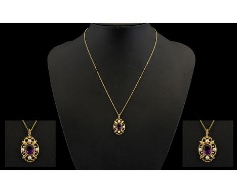 A 9ct Gold Amethyst And Seed Pearl Pendant Necklace Quatrefoil form yellow gold filigree pendant, the centre set with oval, f