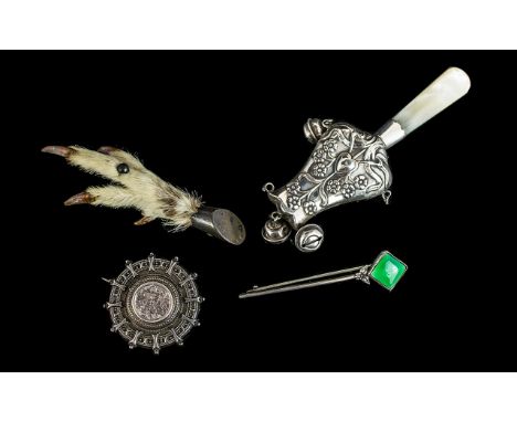 Art Nouveau Silver Rattle Fully hallmarked for Chester 1920, tulip form rattle with faux mother of pearl handles, bells and e