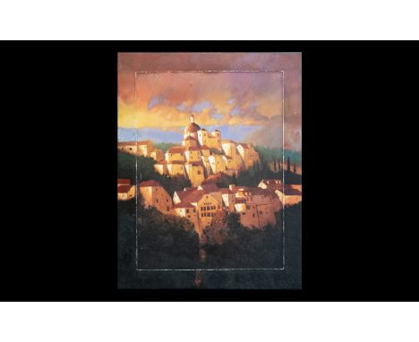 Extended Multimedia Print On Canvas 'Le Village Ancienne' By Max Hayslette Large textural canvas depicting traditional Medite