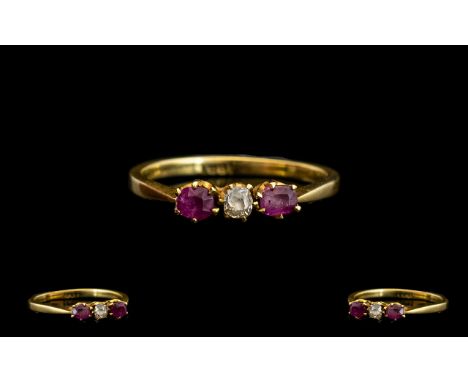 18ct Gold - Attractive 3 Stone Ruby and Diamond Dress Ring, The Two Rubies with Central Diamonds, Both In Excellent Colour an