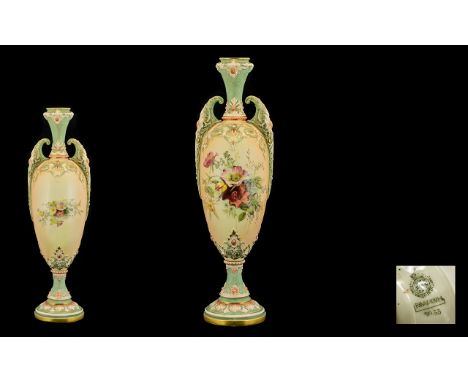 Royal Worcester Tall and Impressive - Hand Painted Twin Handle Blush Ivory Vase with Painted Spring Flowers Decoration on an 