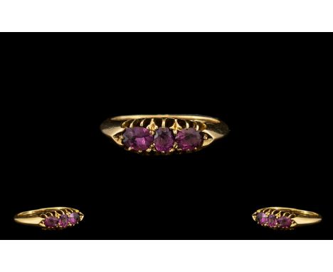 Antique Period Attractive 15ct Gold 3 Stone Amethyst Set Dress Ring, Gallery Setting. The Amethysts of Good Colour. Marked 15