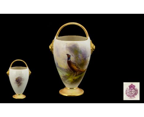 Royal Worcester - Signed and Hand Painted Lions Mask Handle Basket Vase of Small Proportions ' Pheasants ' In a Woodland Sett