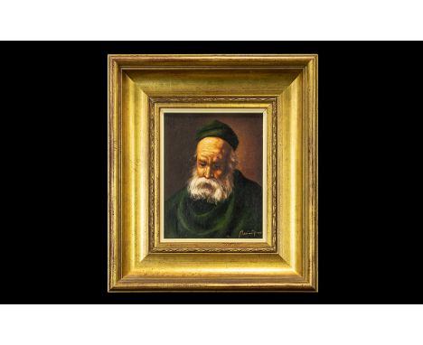 20th Century Portrait On Canvas Spanish canvas housed in gilt swept frame, depicting a bearded sage in green drapery. 7 x 8 1