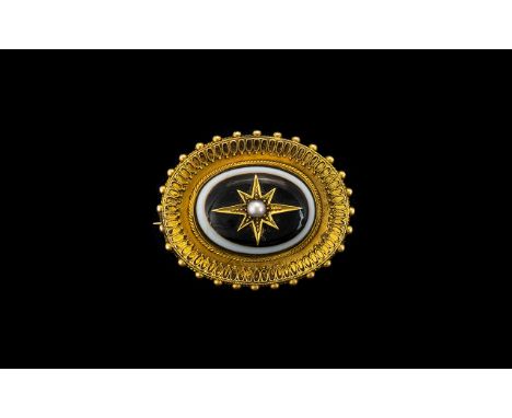 A Large And Impressive Victorian 15ct Gold Agate And Seed Pearl Set Mourning Brooch Oval form brooch, unmarked but tests 15ct
