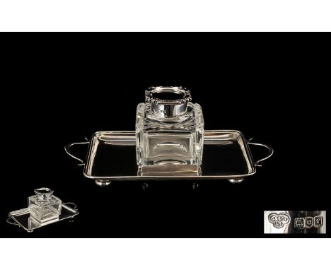 Edwardian Period Pleasing Silver Inkstand.  Rectangular in form, with twin handles and space for one inkwell.  The silver top