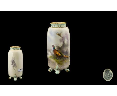 Royal Worcester Hand Painted and Signed 4 Footed Reticulated Small Vase ' Pheasants In a Woodland Setting ' Signed James Stin
