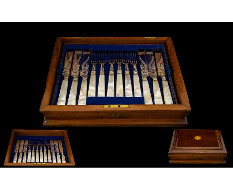 Elkington &amp; Co Superb Quality Set of Silver Plated Desert Cutlery, 12 Knives and Twelve Forks with Decorative Engraved Bl