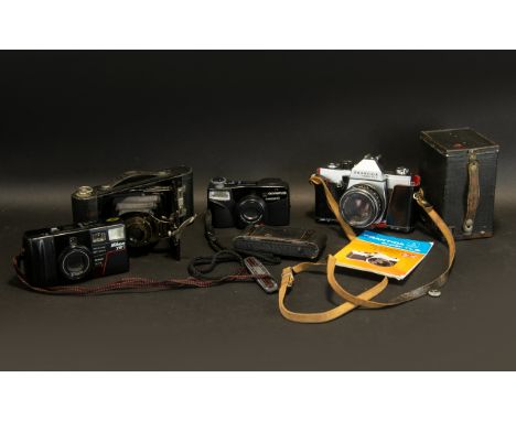 A Collection Of Cameras To include Practika Super TL2 in case with instruction manual, Box Brownie, Kodak folding camera with