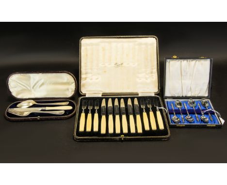 A Collection Of Cased Plated Cutlery Three boxes in total to include six apostle spoons in fitted case with blue silk lining,