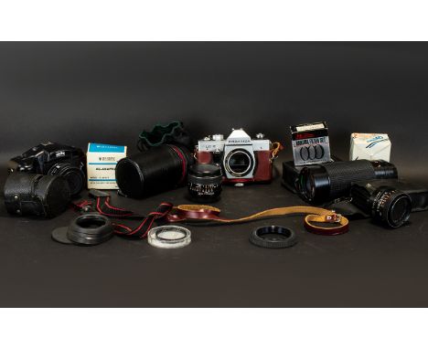 Praktika PLC2 35mm Camera And Lenses In red leather case, together with lenses, instructions, bag and other accessories