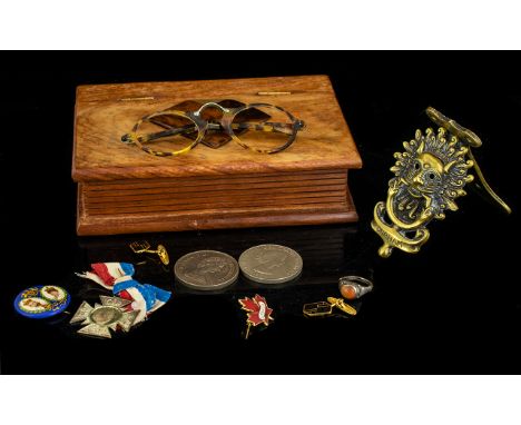 Art Deco Style Wooden Jewellery Box together with assorted collectables. To include Durham Brass door knocker, tortoise shell