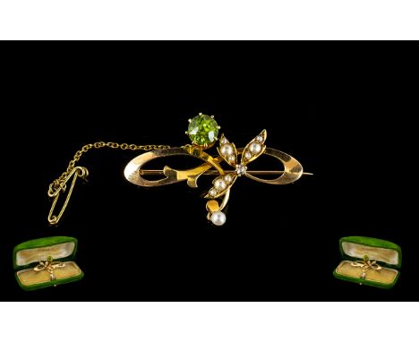 Antique Period - Attractive 15ct Gold Peridot / Diamond and Seed Pearl Set Brooch with Safety Chain. Not Marked but Tests Gol