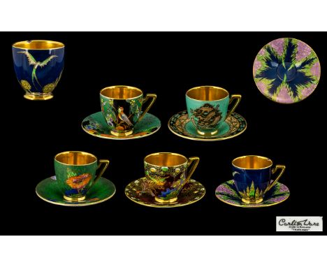 Carlton Lustre-ware. A Collection of 1920's / 1930's Hand Painted Enamels Small Chips and Saucers, In Various Scarce Patterns