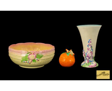 Collection of Clarice Cliff Items comprising a Clarice Cliff Newport Pottery 9" tall vase in cream with floral design to base
