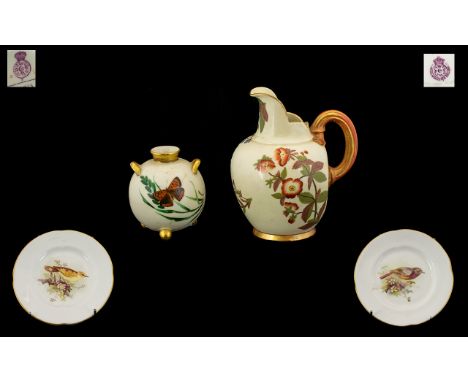 Royal Worcester Blush Ivory Miniature Ewer Circa 1890, hand painted in blossom and forget-me-knot design with gilt trim. Puce