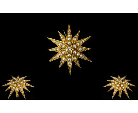 Antique - 18ct Gold Starburst Diamond and Pearl Brooch of Pleasing Form. The Central Diamonds of Good Colour / Clarity. Excel