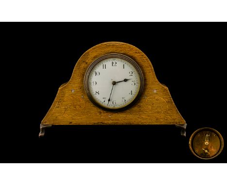 Edwardian Period Key-less Solid Golden Oak Cased 8 Day Mantel Clock, The Frontal Part of the Clock with Inlay and String Band