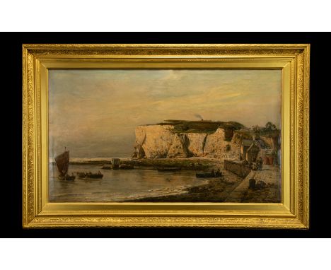 After H Eschke Framed Oilograph Antique untitled oil over print base, depicting a harbour scene with figures rowing boats and