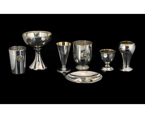 A Small Mixed Lot Of Scandinavian Silver Tots To include coin trinket dish, egg cup, various shot beakers etc. Gross weight, 