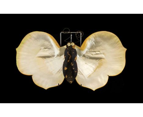 Mother of Pearl and Shell Abalone Wall Hanging in the form of a butterfly. With wire work straps. Early 20thC. Approximately 