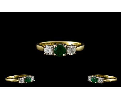 18ct Gold - Superb Quality 3 Stone Diamond and Emerald Dress Ring. Fully Hallmarked for 18ct, The Central Faceted Emerald Fla