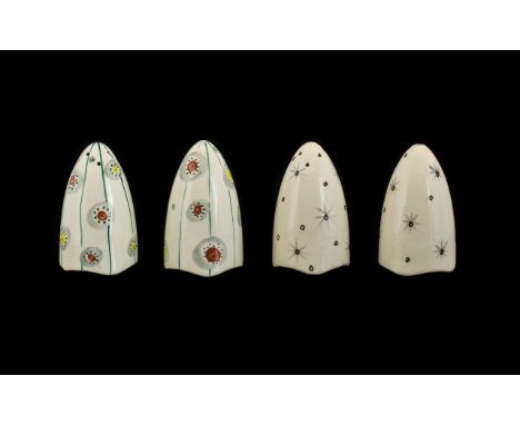 Midwinter 'Jessie Tait' 2 x Two Piece Cruet Sets.  One set is 'Festival' by Jessie Tait in white with green lines and coloure
