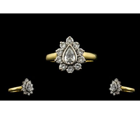 18ct Yellow Gold - Attractive Pear Shaped Diamond Cluster Dress Ring, Full Hallmark for 750 - 18ct. The Central Pear Shaped D