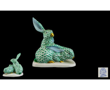 Herend - Hand Painted Large Porcelain Figure of a Pair of Green Fishnet Long Ear Rabbits. Model No 05269, Wonderful Colours w